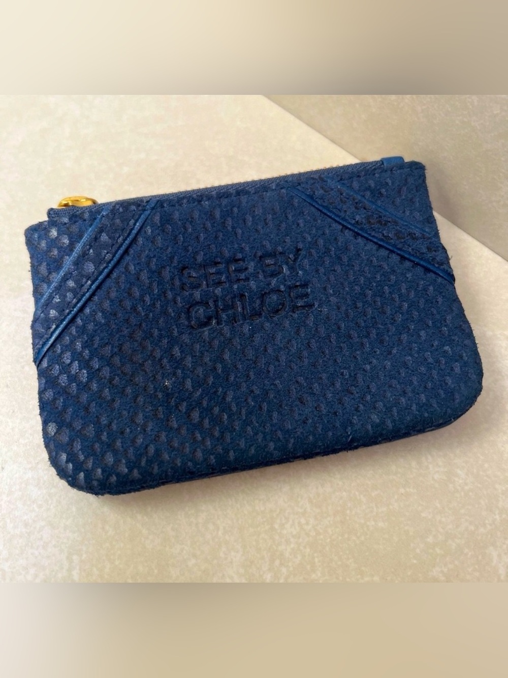 See by Chloe Blue Leather 2-Pocket Coin Purse with Gold Zippers Rare